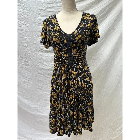 Anthropologie Maeve Womens Dress Size Small Black Floral Summer Breeze V-Neck - Picture 1 of 6